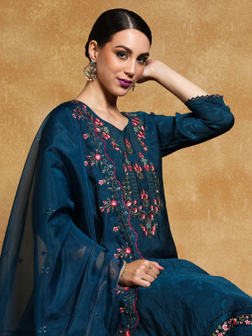 Varanga Women Floral Motif Thread Embroidered Yoke Kurta with Trouser & Dupatta